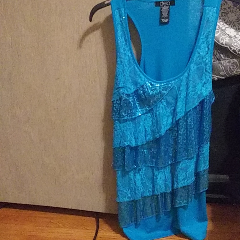 Blue tiered sequence deb tank top size L.
